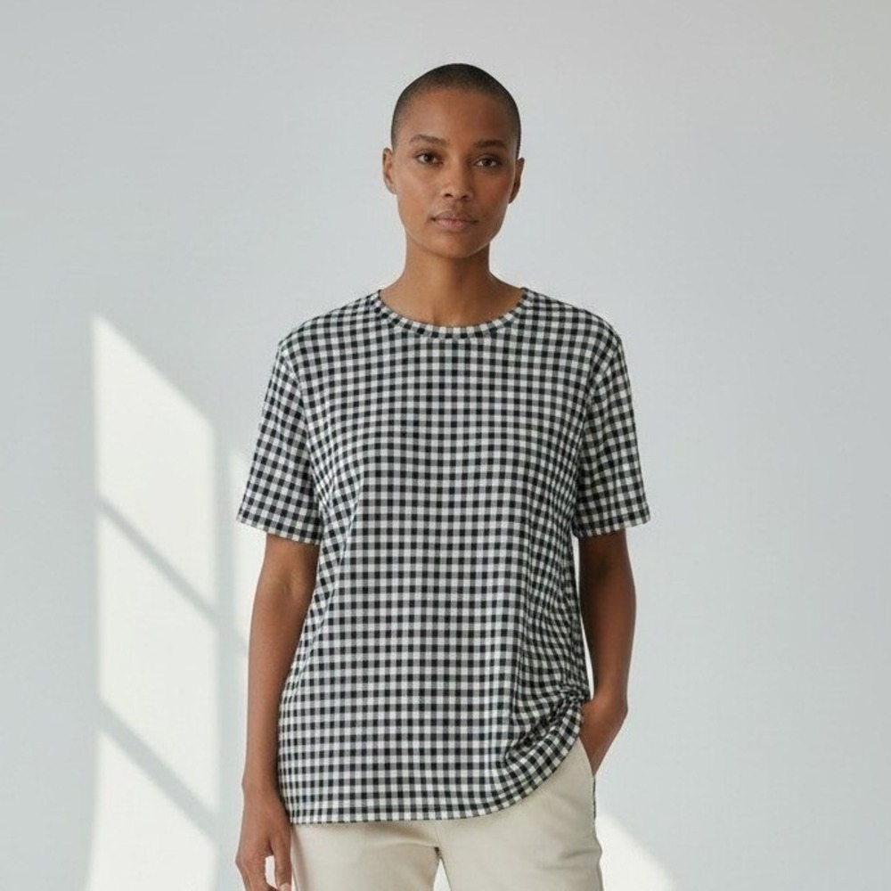 J. Jill Luxe Supima Relaxed Tee Black White Gingham Check Short Sleeve Top L